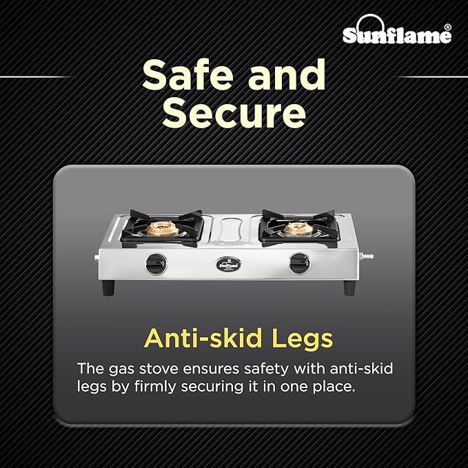 Sunflame Smart 2 Burner Stainless Steel Gas Stove | 1 Medium and 1 Small Brass Burners | 2-Years Product Coverage by Sunflame | Manual Ignition l Euro-Coated Pan Support | PAN India Presence | Silver