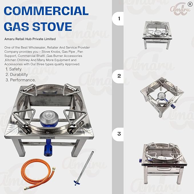 Amaru Single Burner Stainless Steel Square Round Ring Chulha Canteen Bhatti Commercial Gas Stove - Manual (Large-14Wx14Lx10.5H)