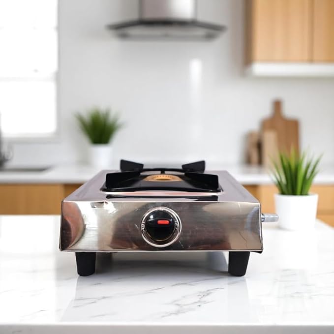 Kitchen Gas Stove | Single Burner with Manual Ignition | Compact Cast Iron Support and Stainless Steel Frame Gas Chulha for Home, Outdoor and Commercial Cooking Use (Silver)