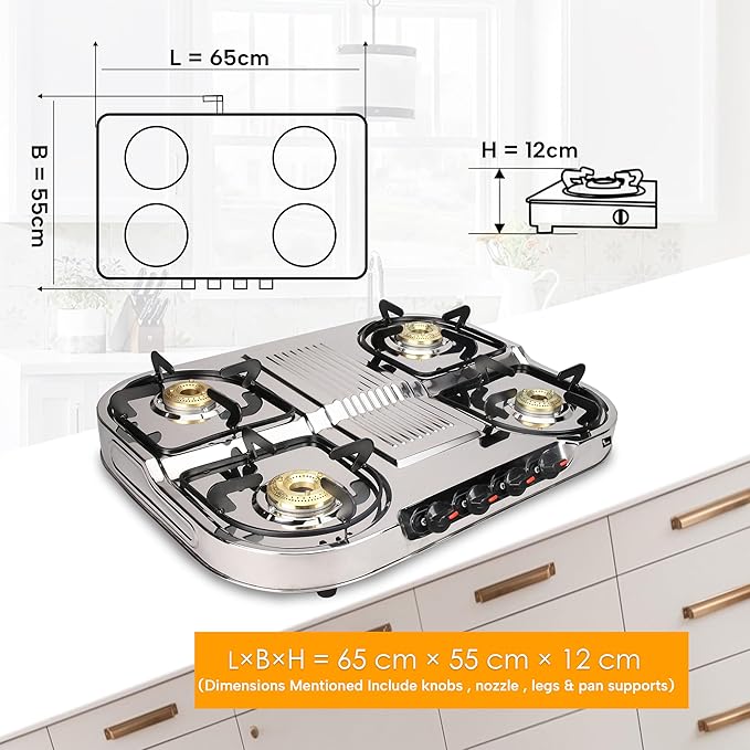 Thermador EcoFlame Gas Stove 4 Burners Steel Body | Manual Ignition | Brass Plated Burners | Four Burner Gas Stove | LPG Compatible | ISI Certified