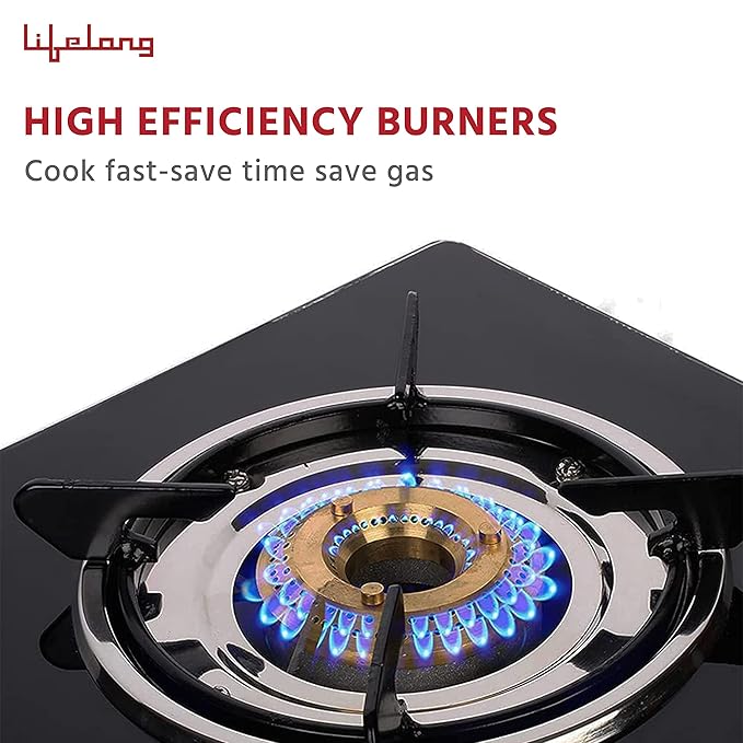 Lifelong 2 Burner Gas Stove Top for Kitchen - Manual Ignition Cooktop Modern Glass Stove for Modular Kitchen, ISI Certified & Compatible with LPG