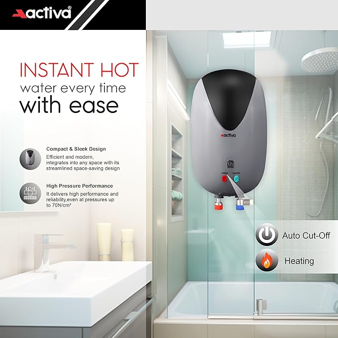 Activa 3 Liters Quick Water Heater Geyser, 3 KVA ISI Copper Element, 0.7mm Anti Rust Coated 304L Pure Stainless Steel Tank, Auto Cut-Off, ABS Body