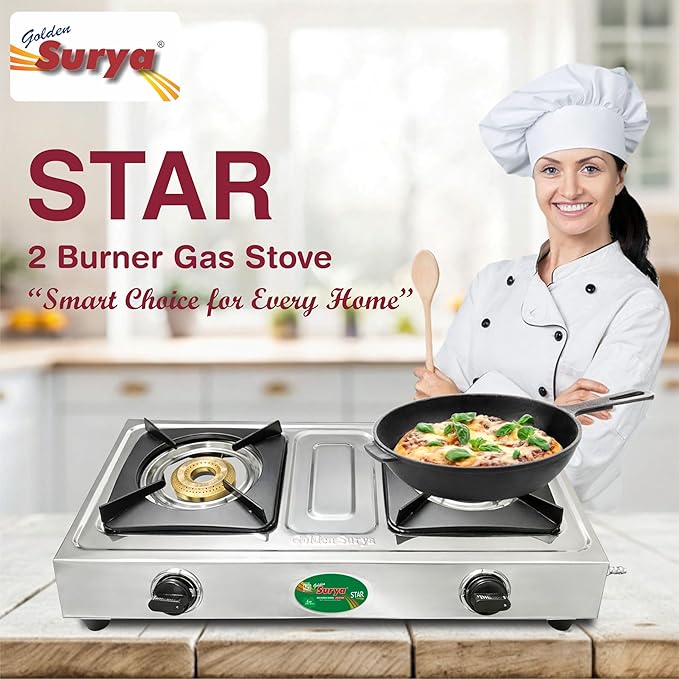 Star 2 Burner LPG Gas Stove with High Efficiency Burners, Stainless Steel Body, Heavy MS Pan Support, Manual Ignition, ISI Certified, 18 Months Warranty