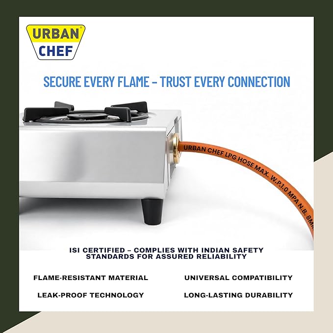 Gas Pipe 1.5 Meter with ISI Certified | Fine Quality LPG Hose Pipe Flame Resistant, Leak Proof Made with Reinforced Steel Wire Home | 3 Layer Protection Gas Cylinder Pipe -5 Years Warranty