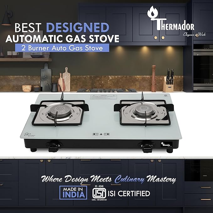 Thermador Gas Stove 2 Burners |Gas Saving Tornado Burner | ISI Certified Gas Chulha for Home Cooking | Glass Cooktop | 6mm Toughened Glass | Anti Skid Legs