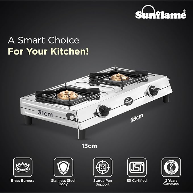 Sunflame Smart 2 Burner Stainless Steel Gas Stove | 1 Medium and 1 Small Brass Burners | 2-Years Product Coverage by Sunflame | Manual Ignition l Euro-Coated Pan Support | PAN India Presence | Silver
