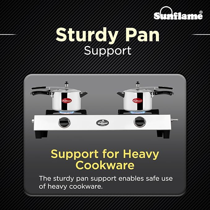 Sunflame Smart 2 Burner Stainless Steel Gas Stove | 1 Medium and 1 Small Brass Burners | 2-Years Product Coverage by Sunflame | Manual Ignition l Euro-Coated Pan Support | PAN India Presence | Silver