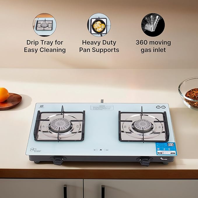 Thermador Gas Stove 2 Burners |Gas Saving Tornado Burner | ISI Certified Gas Chulha for Home Cooking | Glass Cooktop | 6mm Toughened Glass | Anti Skid Legs