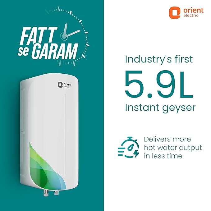 Orient Electric Aura Rapid Pro Geyser|5.9L instant water heater| High grade SS tank | 3000W heavy Copper heating element |6.5 bar pressure compatibility| High-rise Compatible