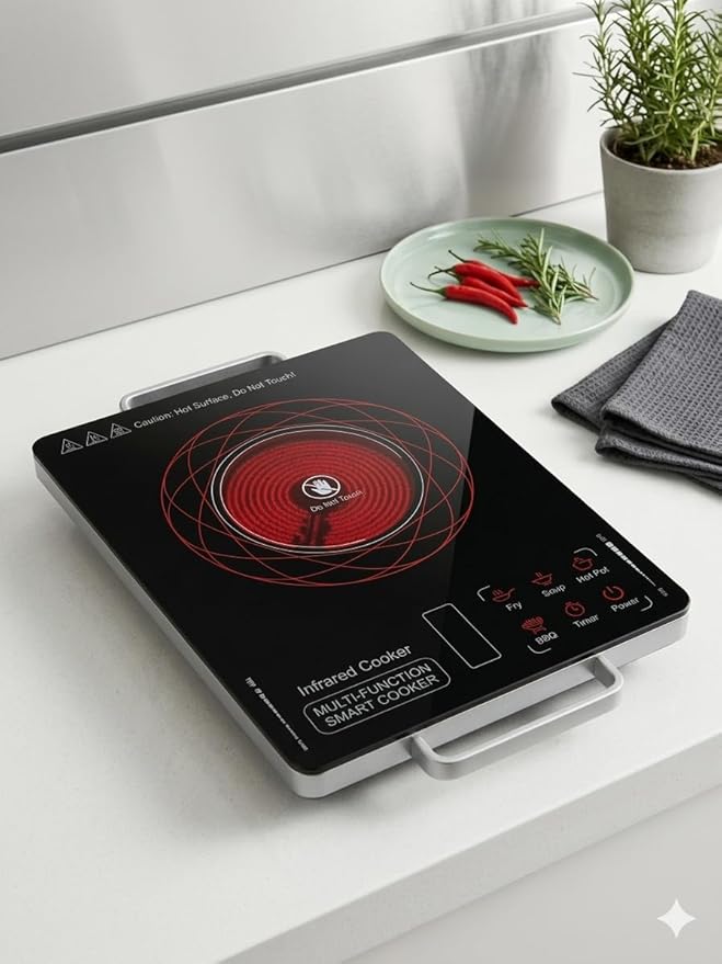 Infrared Cooktop 2000W with Crystal Glass Top – Electric Cooking Stove with Touch Control & Adjustable Temperature