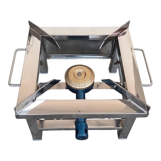 Surajan Stainless Steel Single Burner Squre Chulha Canteen Bhatthi Commercial Gas Stove Only | Fitting and Accessories Not Included in this Pack | Manual | Silver (Medium 12x12x8)