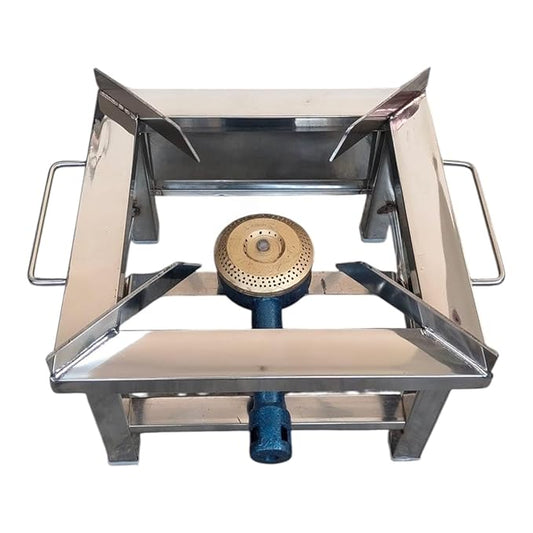 Surajan Stainless Steel Single Burner Squre Chulha Canteen Bhatthi Commercial Gas Stove Only | Fitting and Accessories Not Included in this Pack | Manual | Silver (Medium 12x12x8)