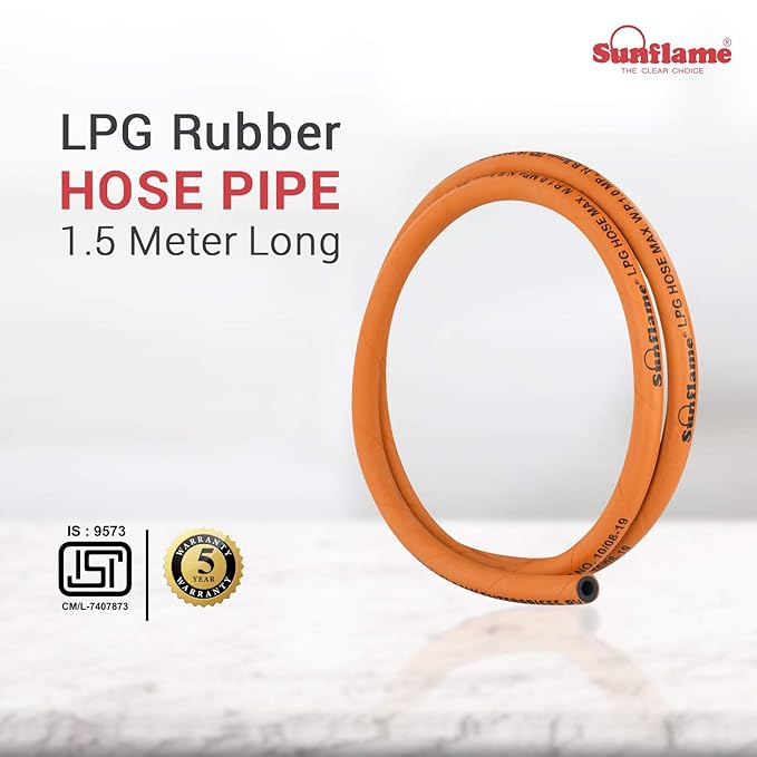 Sunflame LPG Rubber Hose Pipe, ISI Certified, Steel Wire Reinforced, 1.5-meter long, Orange
