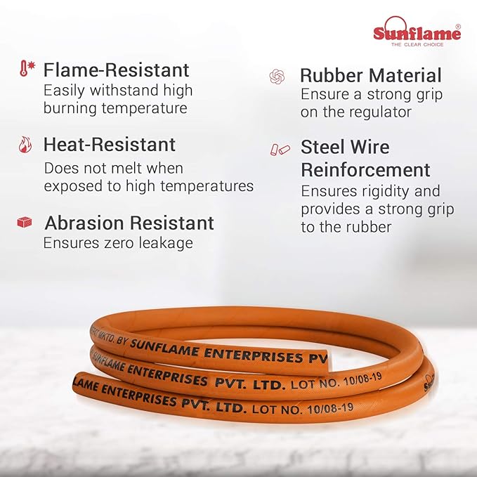Sunflame LPG Rubber Hose Pipe, ISI Certified, Steel Wire Reinforced, 1.5-meter long, Orange