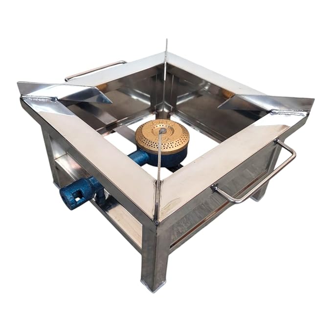 Surajan Stainless Steel Single Burner Squre Chulha Canteen Bhatthi Commercial Gas Stove Only | Fitting and Accessories Not Included in this Pack | Manual | Silver (Medium 12x12x8)