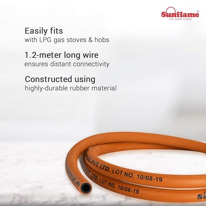 Sunflame LPG Rubber Hose Pipe, ISI Certified, Steel Wire Reinforced, 1.5-meter long, Orange