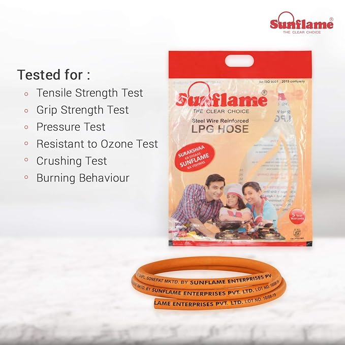 Sunflame LPG Rubber Hose Pipe, ISI Certified, Steel Wire Reinforced, 1.5-meter long, Orange