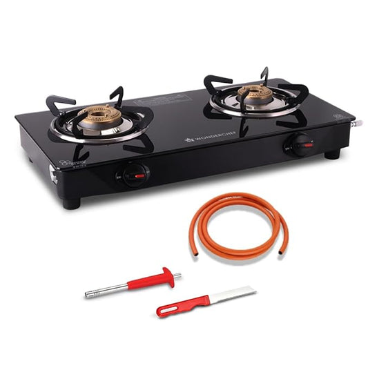 Wonderchef Zest Neo Cooktop | 2 Burners (1 Medium, 1 Small) | Premium Glass Surface | Space Saving Design | Brass Burners | ISI Approved | Free Gas Lighter and Kitchen Knife