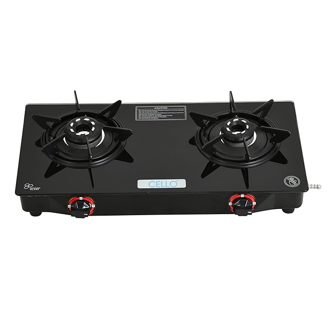 Cello Hexa Toughened Glass-Top 2 Black Aluminium Alloy Burner LPG Open Gas Stove | Black | Spill Proof | Ergonomic Knobs | Six Prone Pan Support | Pin Brass Burners