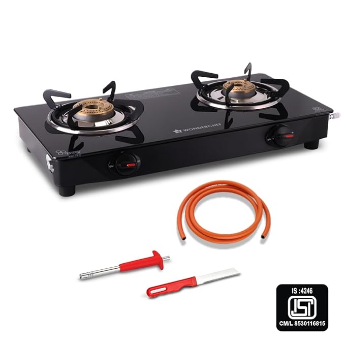 Wonderchef Zest Neo Cooktop | 2 Burners (1 Medium, 1 Small) | Premium Glass Surface | Space Saving Design | Brass Burners | ISI Approved | Free Gas Lighter and Kitchen Knife
