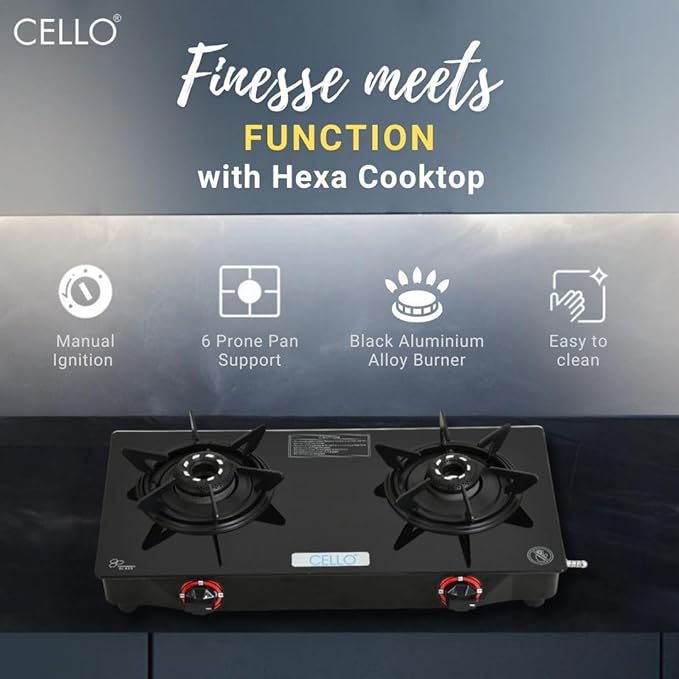 Cello Hexa Toughened Glass-Top 2 Black Aluminium Alloy Burner LPG Open Gas Stove | Black | Spill Proof | Ergonomic Knobs | Six Prone Pan Support | Pin Brass Burners