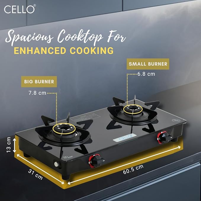 Cello Hexa Toughened Glass-Top 2 Black Aluminium Alloy Burner LPG Open Gas Stove | Black | Spill Proof | Ergonomic Knobs | Six Prone Pan Support | Pin Brass Burners