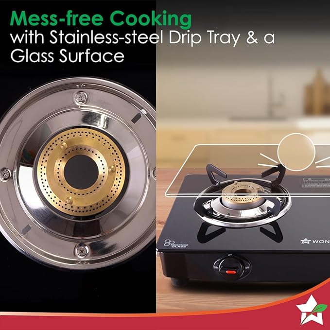 Wonderchef Zest Neo Cooktop | 2 Burners (1 Medium, 1 Small) | Premium Glass Surface | Space Saving Design | Brass Burners | ISI Approved | Free Gas Lighter and Kitchen Knife