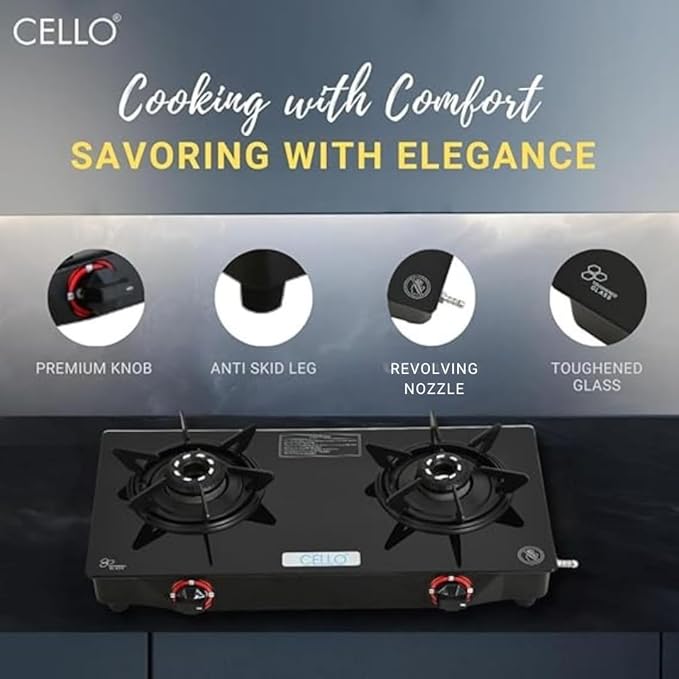 Cello Hexa Toughened Glass-Top 2 Black Aluminium Alloy Burner LPG Open Gas Stove | Black | Spill Proof | Ergonomic Knobs | Six Prone Pan Support | Pin Brass Burners