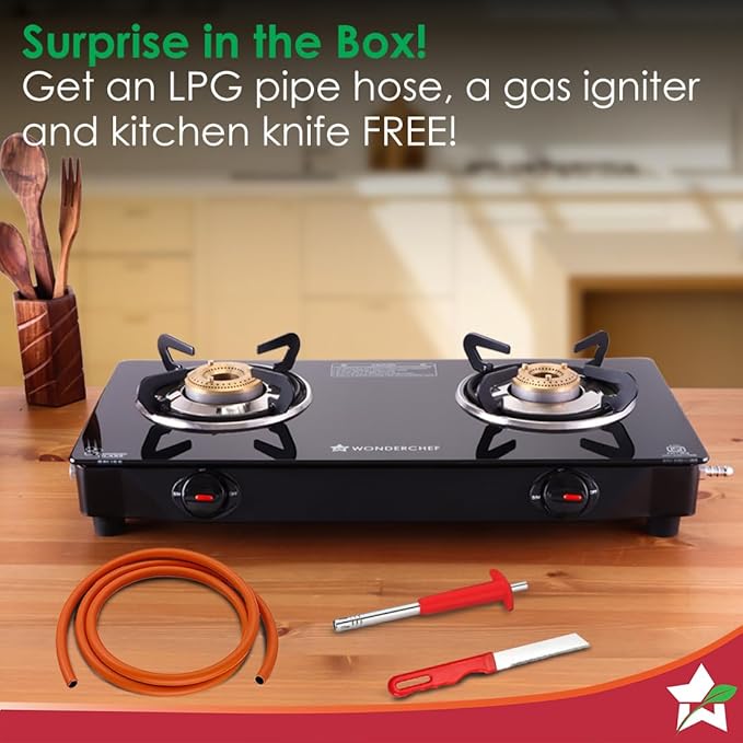 Wonderchef Zest Neo Cooktop | 2 Burners (1 Medium, 1 Small) | Premium Glass Surface | Space Saving Design | Brass Burners | ISI Approved | Free Gas Lighter and Kitchen Knife
