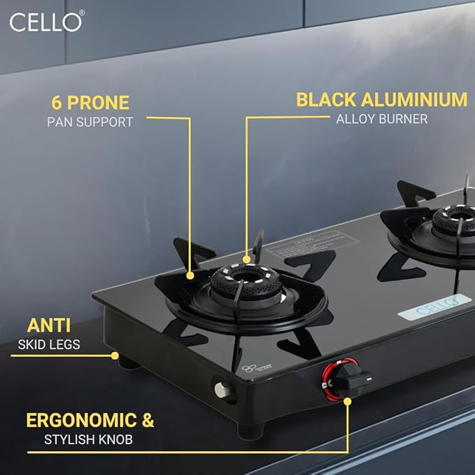Cello Hexa Toughened Glass-Top 2 Black Aluminium Alloy Burner LPG Open Gas Stove | Black | Spill Proof | Ergonomic Knobs | Six Prone Pan Support | Pin Brass Burners