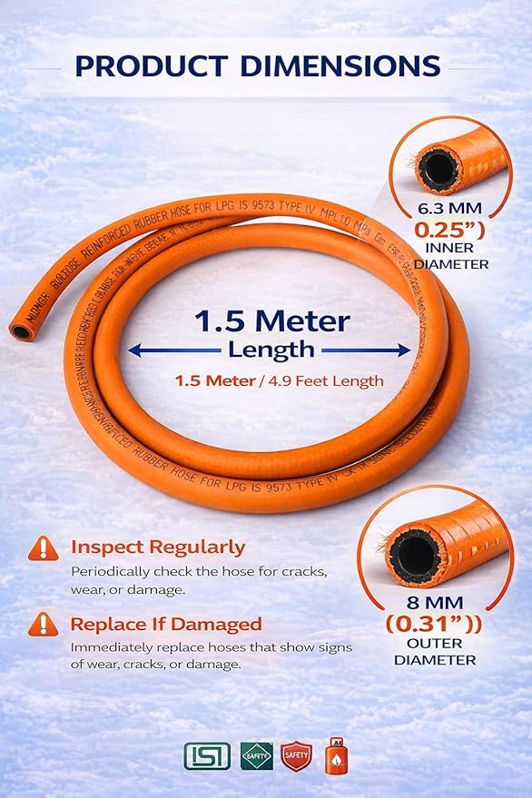 SURAKSHA HP Safe Quality ISO Certified LPG Hose Flexible Rubber Gas Pipe (Steel Wire Reinforced) Leak proof Suitable for Domestic Bharat/HP/Indane Cylinder (Blue Packing and Orange Pipe