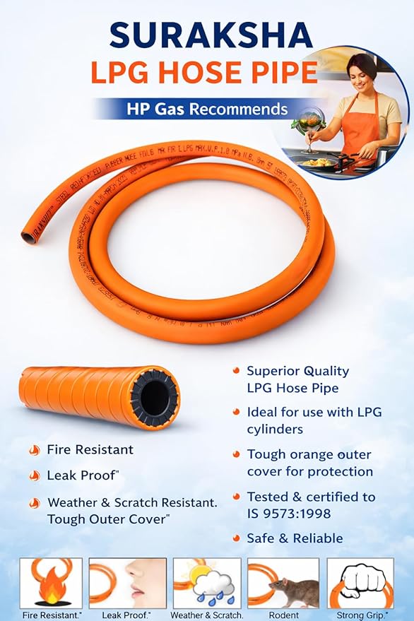 SURAKSHA HP Safe Quality ISO Certified LPG Hose Flexible Rubber Gas Pipe (Steel Wire Reinforced) Leak proof Suitable for Domestic Bharat/HP/Indane Cylinder (Blue Packing and Orange Pipe