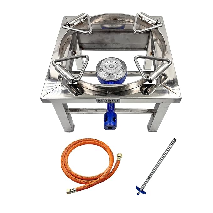 Amaru Single Burner Stainless Steel Square Round Ring Chulha Canteen Bhatti Commercial Gas Stove - Manual (Large-14Wx14Lx10.5H)