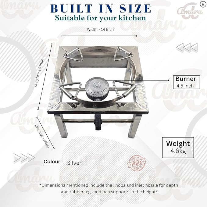 Amaru Single Burner Stainless Steel Square Round Ring Chulha Canteen Bhatti Commercial Gas Stove - Manual (Large-14Wx14Lx10.5H)