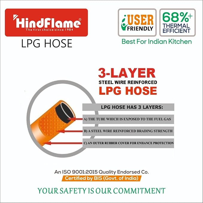 1.5 Meter LPG Rubber Hose Pipe with 3 Layer Steel Wire Protection, ISI Certified (Orange) suitable for LPG & PNG