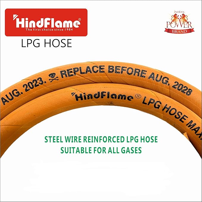 1.5 Meter LPG Rubber Hose Pipe with 3 Layer Steel Wire Protection, ISI Certified (Orange) suitable for LPG & PNG