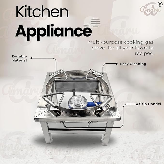 Amaru Single Burner Stainless Steel Square Round Ring Chulha Canteen Bhatti Commercial Gas Stove - Manual (Large-14Wx14Lx10.5H)