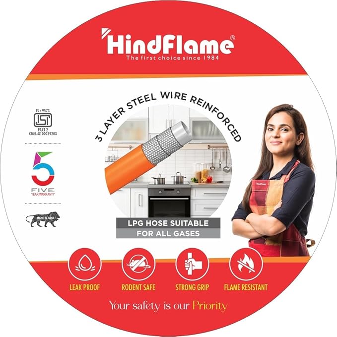 1.5 Meter LPG Rubber Hose Pipe with 3 Layer Steel Wire Protection, ISI Certified (Orange) suitable for LPG & PNG