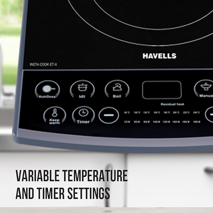 Havells Induction Cooktop Et-X|1900W|Digital Touch Control|Ceramic Plate|8 Pre-Sets with Indian Options|Auto Shutoff|Overheat Protection|6KV Surge Protecto|Grey,Black