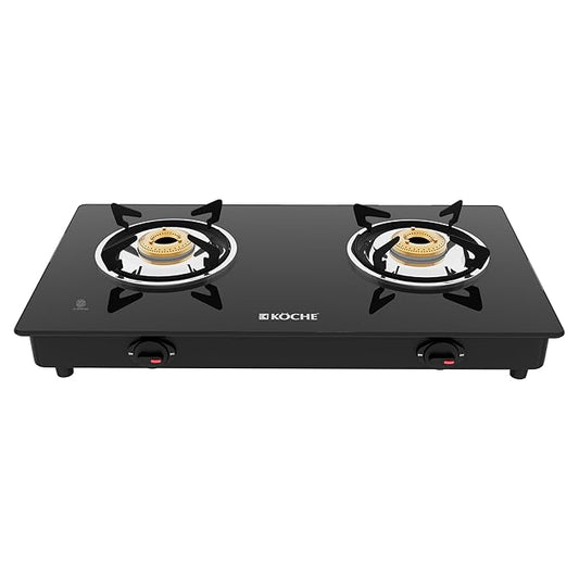 KOCHE Spartek 2B Gas Cooktop | 2 Burner Gas Stove with Toughened Glass Top | High-Power Indian Brass Burners | 360° Revolving Gas Nozzle | Steel Powder-Coated Body