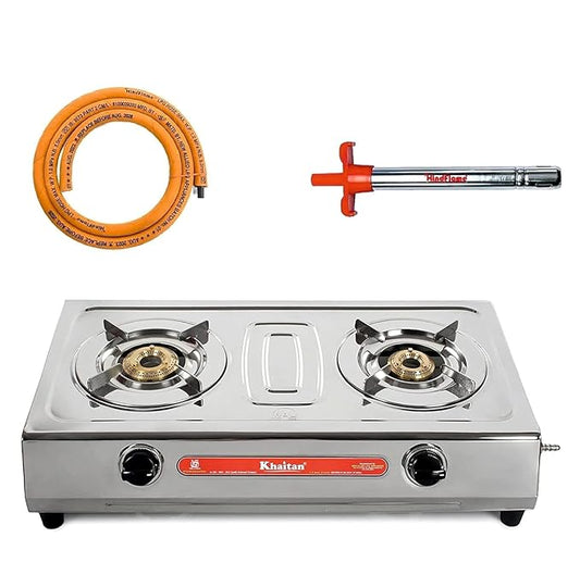 Khaitan Combo - 1 unit Khaitan 2 Burner VS2 Smart Stainless Steel Manual Gas Stove+ 1 unit HF Kitchen Lighter + 1 unit HF LPG Hose Pipe (1.5 mtr)