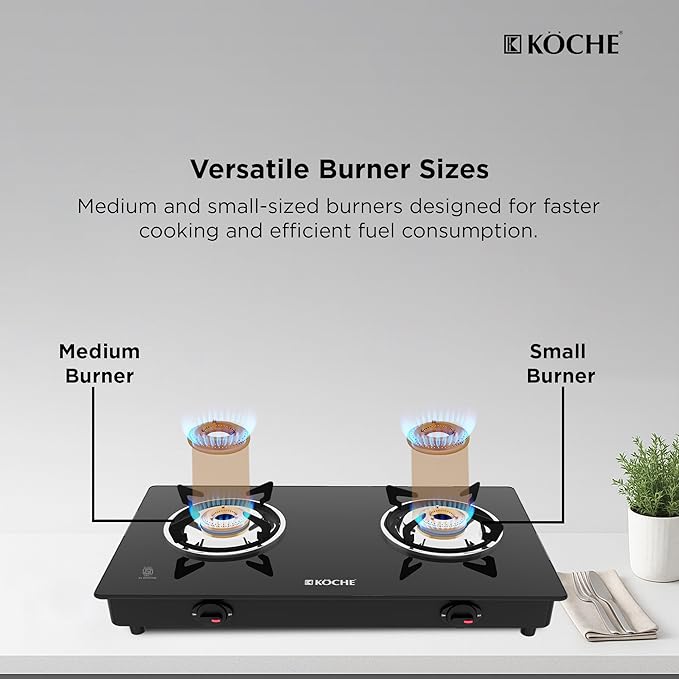 KOCHE Spartek 2B Gas Cooktop | 2 Burner Gas Stove with Toughened Glass Top | High-Power Indian Brass Burners | 360° Revolving Gas Nozzle | Steel Powder-Coated Body