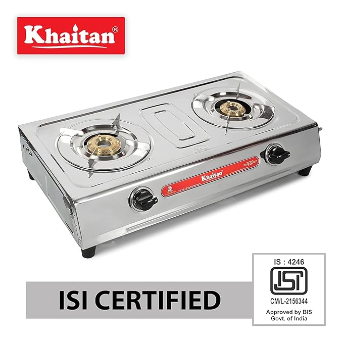 Khaitan Combo - 1 unit Khaitan 2 Burner VS2 Smart Stainless Steel Manual Gas Stove+ 1 unit HF Kitchen Lighter + 1 unit HF LPG Hose Pipe (1.5 mtr)