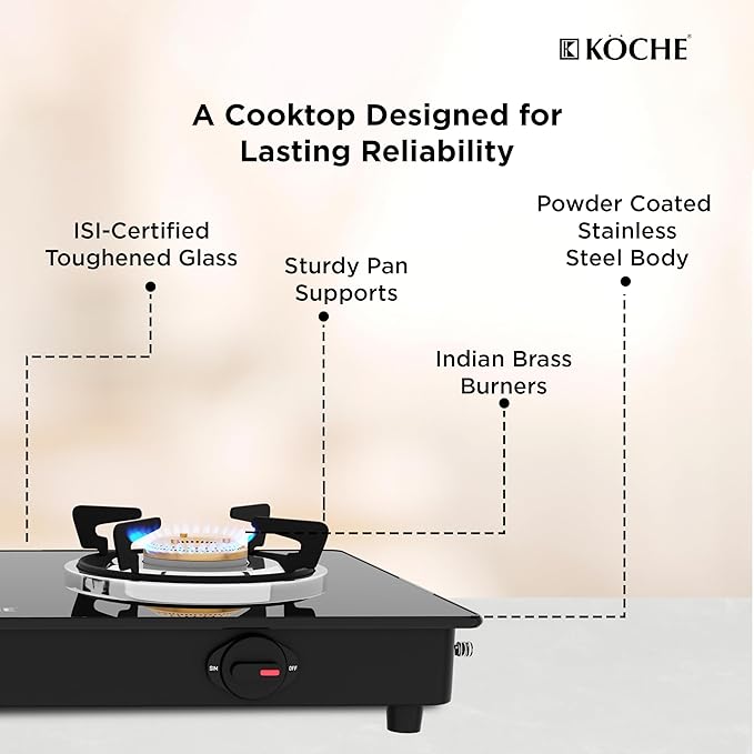 KOCHE Spartek 2B Gas Cooktop | 2 Burner Gas Stove with Toughened Glass Top | High-Power Indian Brass Burners | 360° Revolving Gas Nozzle | Steel Powder-Coated Body