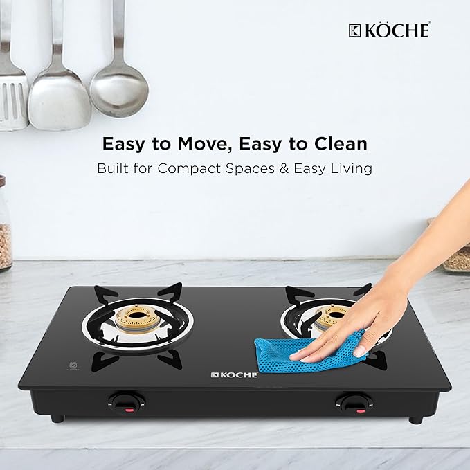 KOCHE Spartek 2B Gas Cooktop | 2 Burner Gas Stove with Toughened Glass Top | High-Power Indian Brass Burners | 360° Revolving Gas Nozzle | Steel Powder-Coated Body
