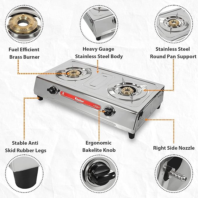 Khaitan Combo - 1 unit Khaitan 2 Burner VS2 Smart Stainless Steel Manual Gas Stove+ 1 unit HF Kitchen Lighter + 1 unit HF LPG Hose Pipe (1.5 mtr)