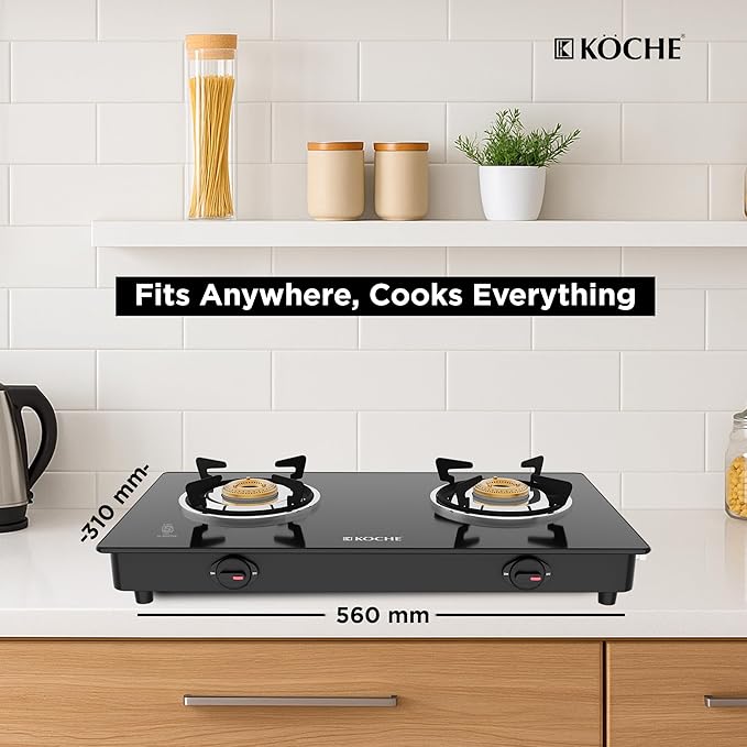 KOCHE Spartek 2B Gas Cooktop | 2 Burner Gas Stove with Toughened Glass Top | High-Power Indian Brass Burners | 360° Revolving Gas Nozzle | Steel Powder-Coated Body
