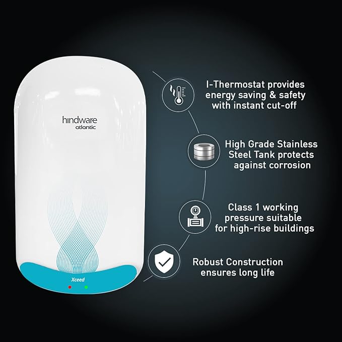 hindware smart appliances Atlantic Xceed 5L 3Kw Instant Water Heater With Copper Heating Element And High Grade Stainless Steel Tank, Wall Mounting