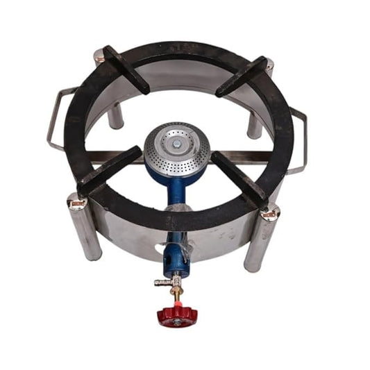 SAFIYAHARDWEARS HeavyDuty Single Burner StainlessSteel Gas Bhatti | Commercial High-Pressure Canteen Stove for Restaurants |Round 12-Inch Chulha with Manual Ignition,Gas Pipe,Lighter & Clips (Silver)