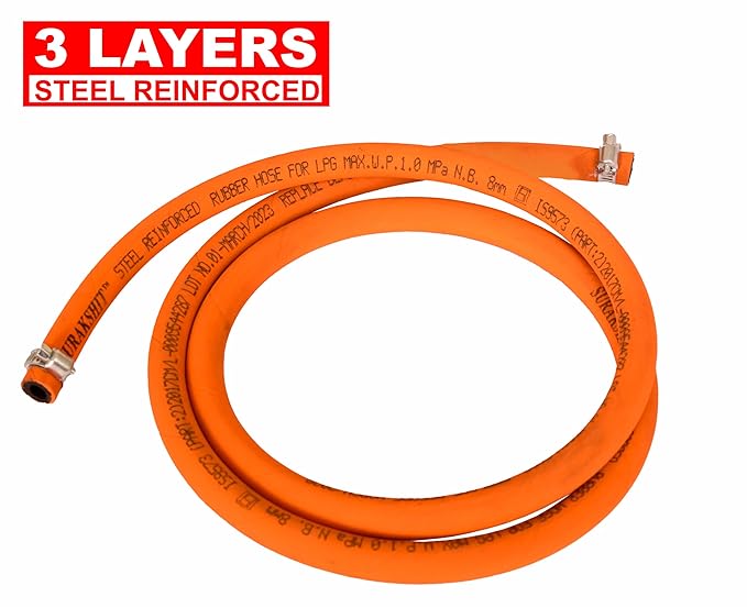 ClimbHigh 3 Mtr ISI Certified LPG Rubber Hose Pipe with Reinforced Steel Wire 100% Flame Resistant With Clamp for Indane/Bharatgas/HP Gas Recommended uncut Customized Length (3 Mtr)